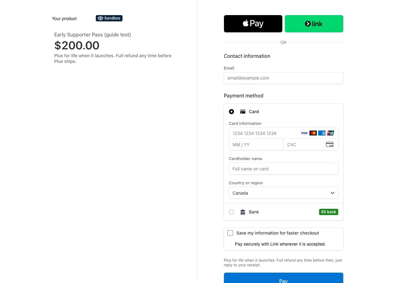 Stripe Checkout in test mode for an Early Supporter Pass at $200, with the refund promise under the description and again above the Pay button