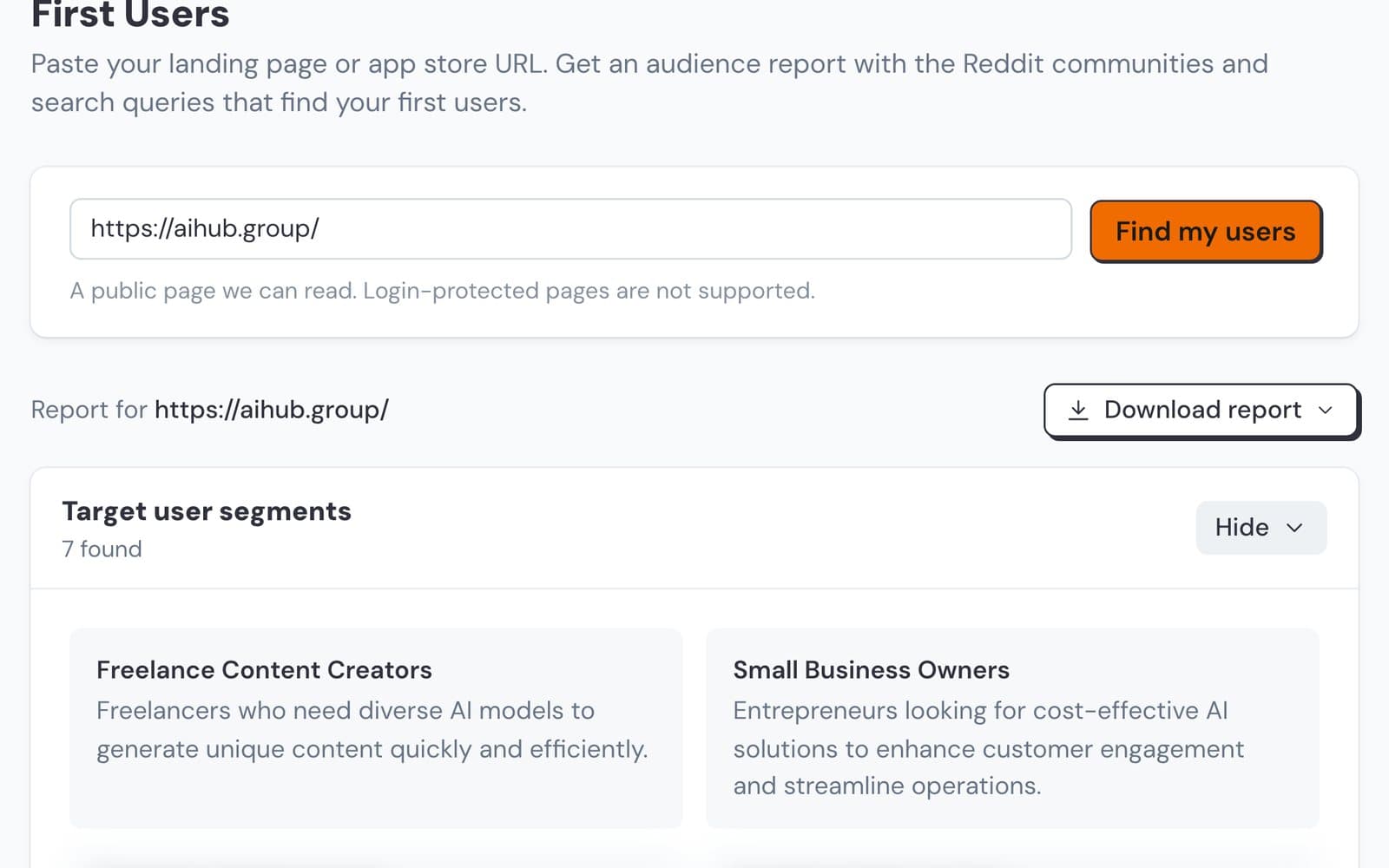 Nick Launches First Users tool with aihub.group entered and the first target user segments listed