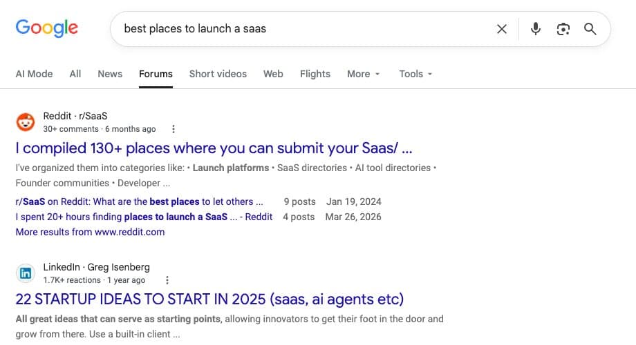 Google search for best places to launch a saas on the Forums tab, with r/SaaS threads at the top