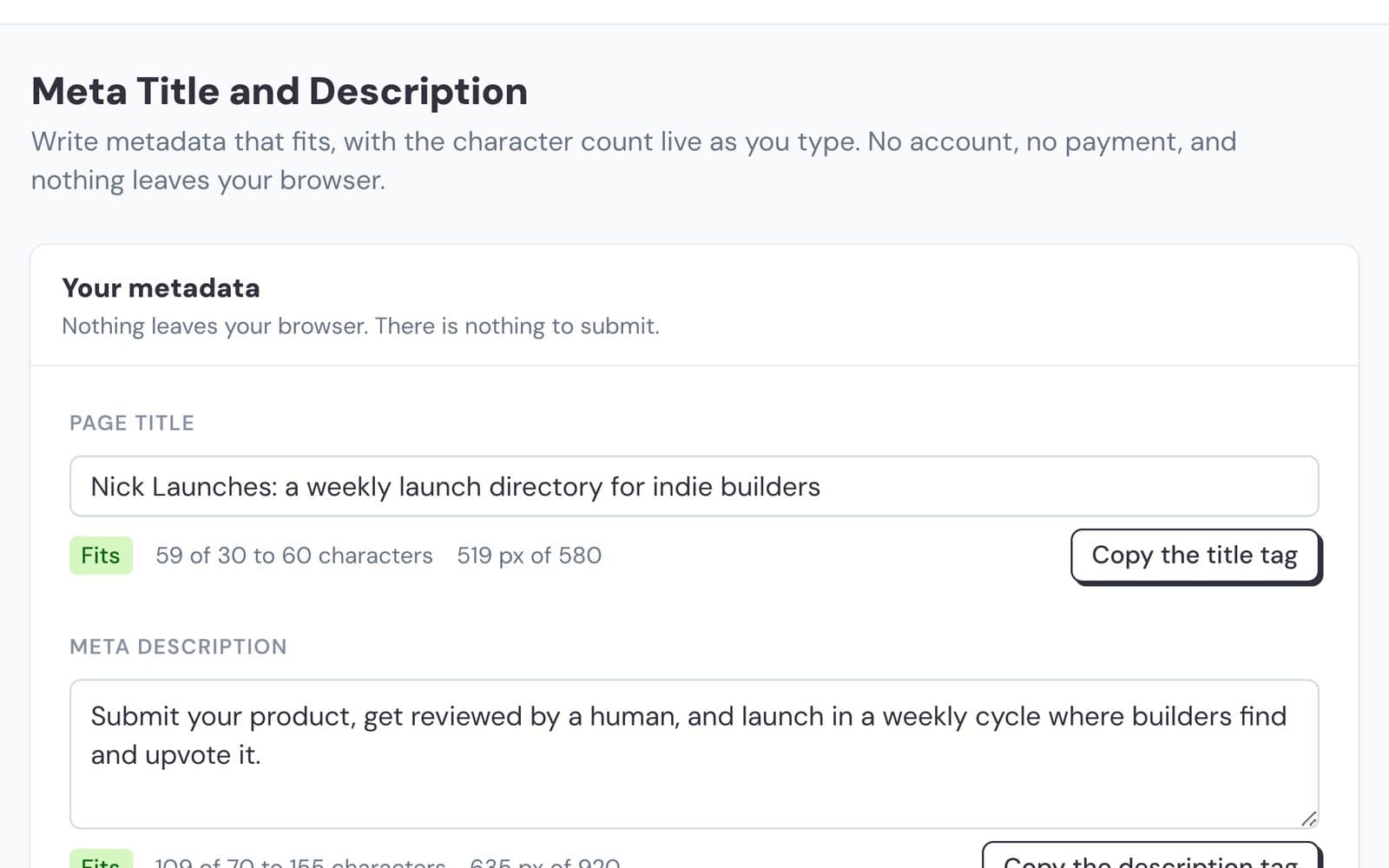 Meta Title and Description tool showing a 59 character title and a 109 character description, both marked as fitting