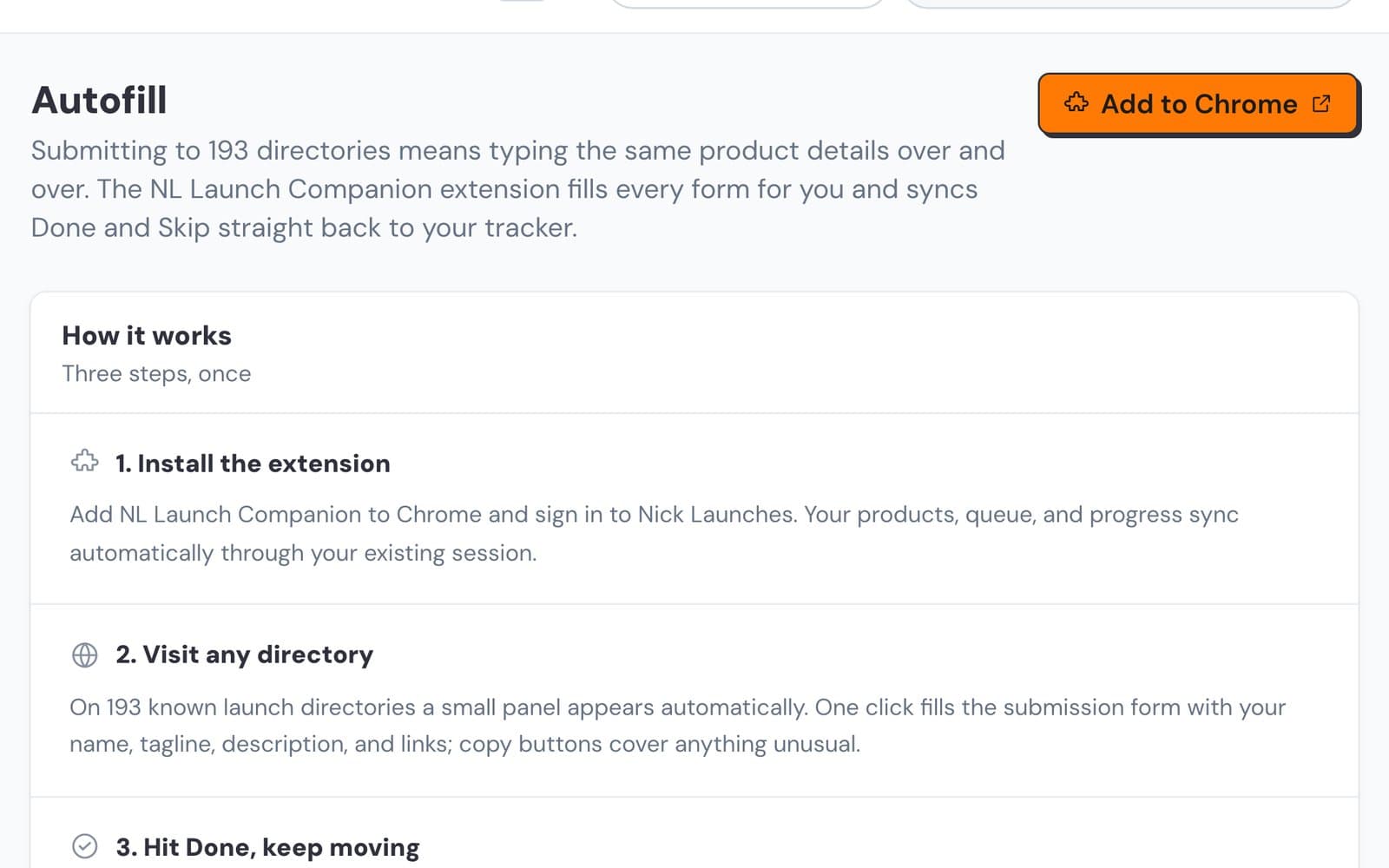 Nick Launches Autofill page explaining the three steps: install the extension, visit any directory, hit Done