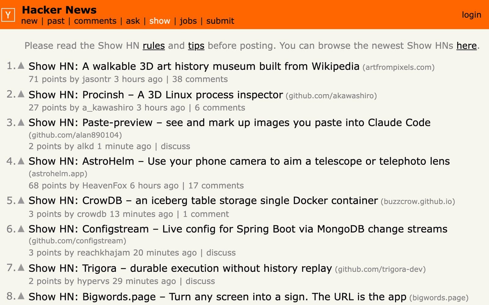 Hacker News Show HN front page with the link to the Show HN rules and tips