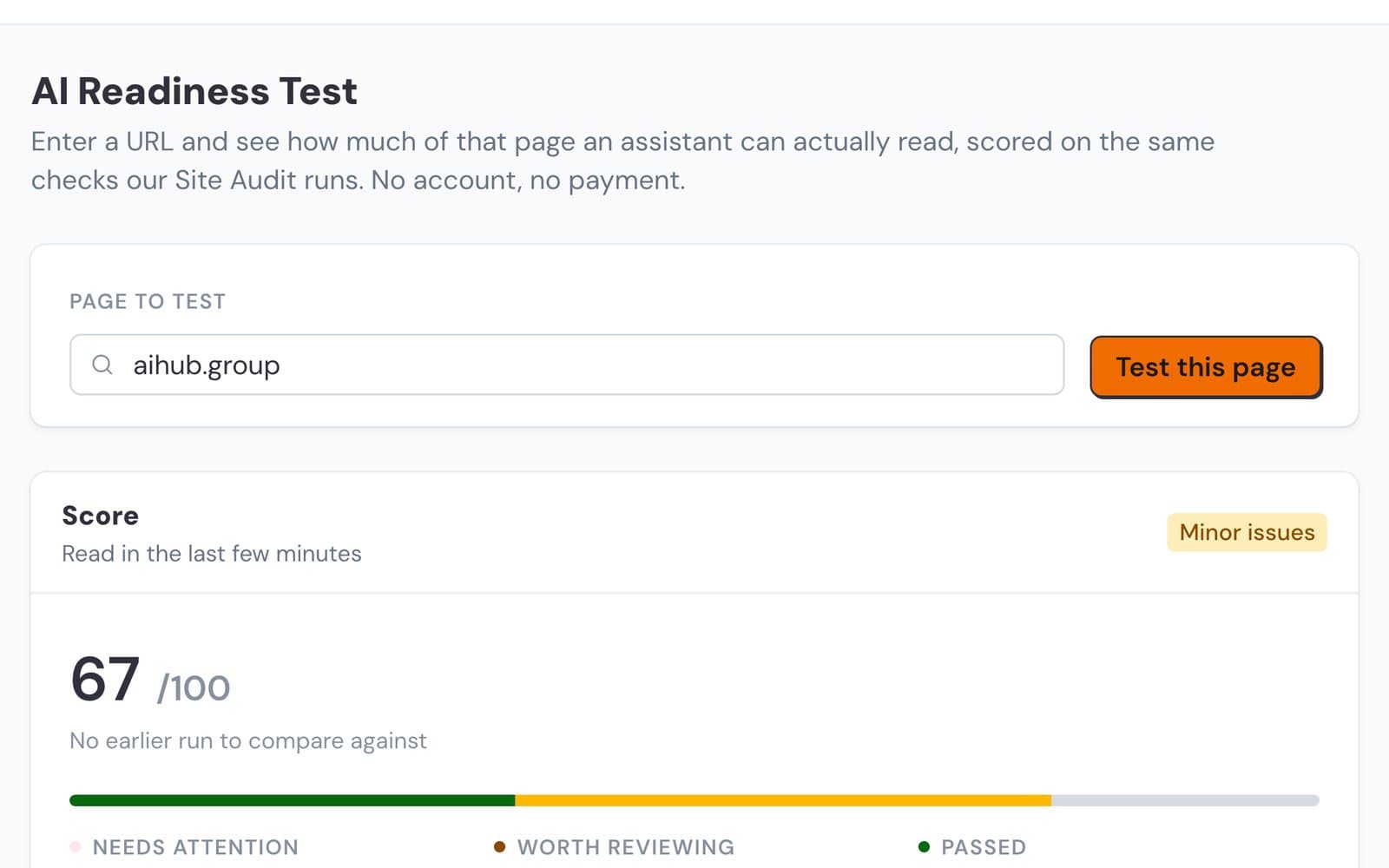 AI Readiness Test result for aihub.group: 67 out of 100 with minor issues