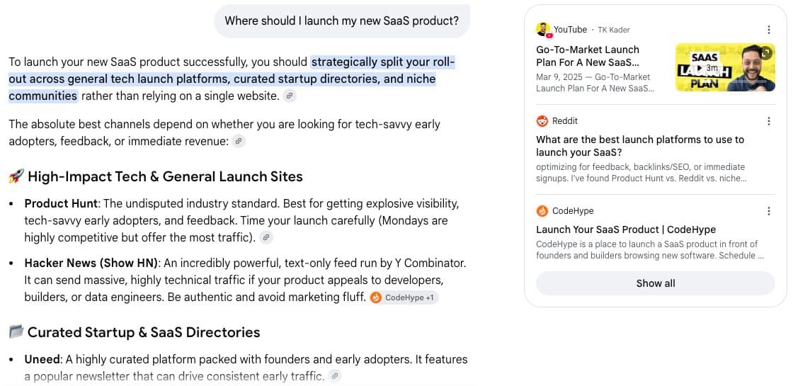 Google AI Mode answering where should I launch my new SaaS product, naming Product Hunt, Hacker News and Uneed