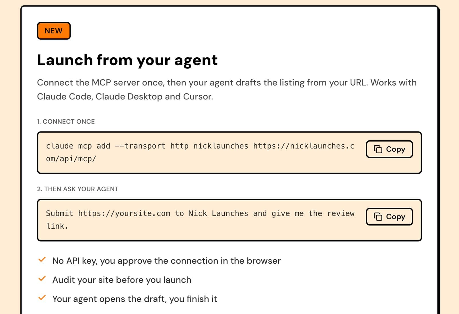 Nick Launches submit page: Launch from your agent, with the claude mcp add command and the prompt to paste