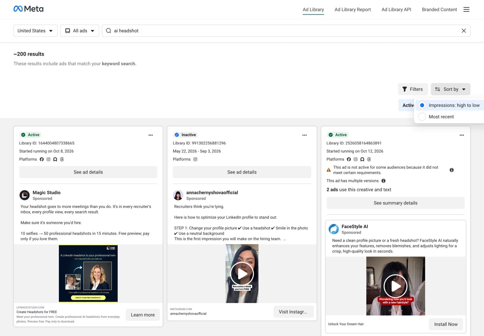 Meta Ad Library search for ai headshot in the United States, about 200 results, with the Sort by menu open on Impressions: high to low
