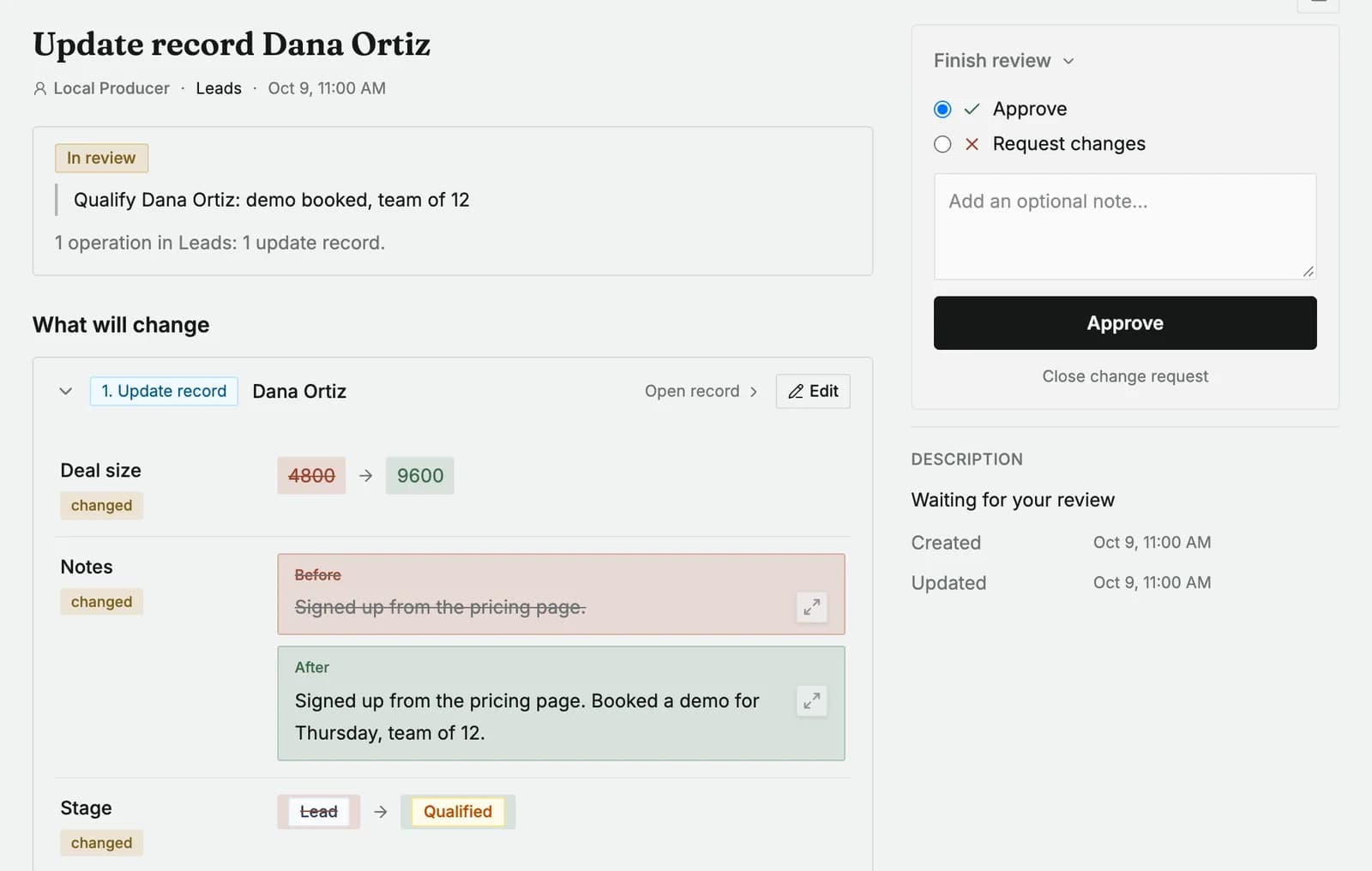 A Busabase Change Request showing deal size 4800 to 9600, new notes, and stage Lead to Qualified