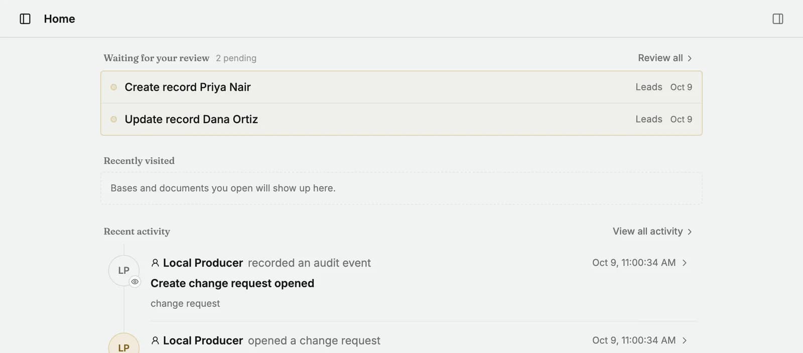 Busabase Home showing two Change Requests waiting for review