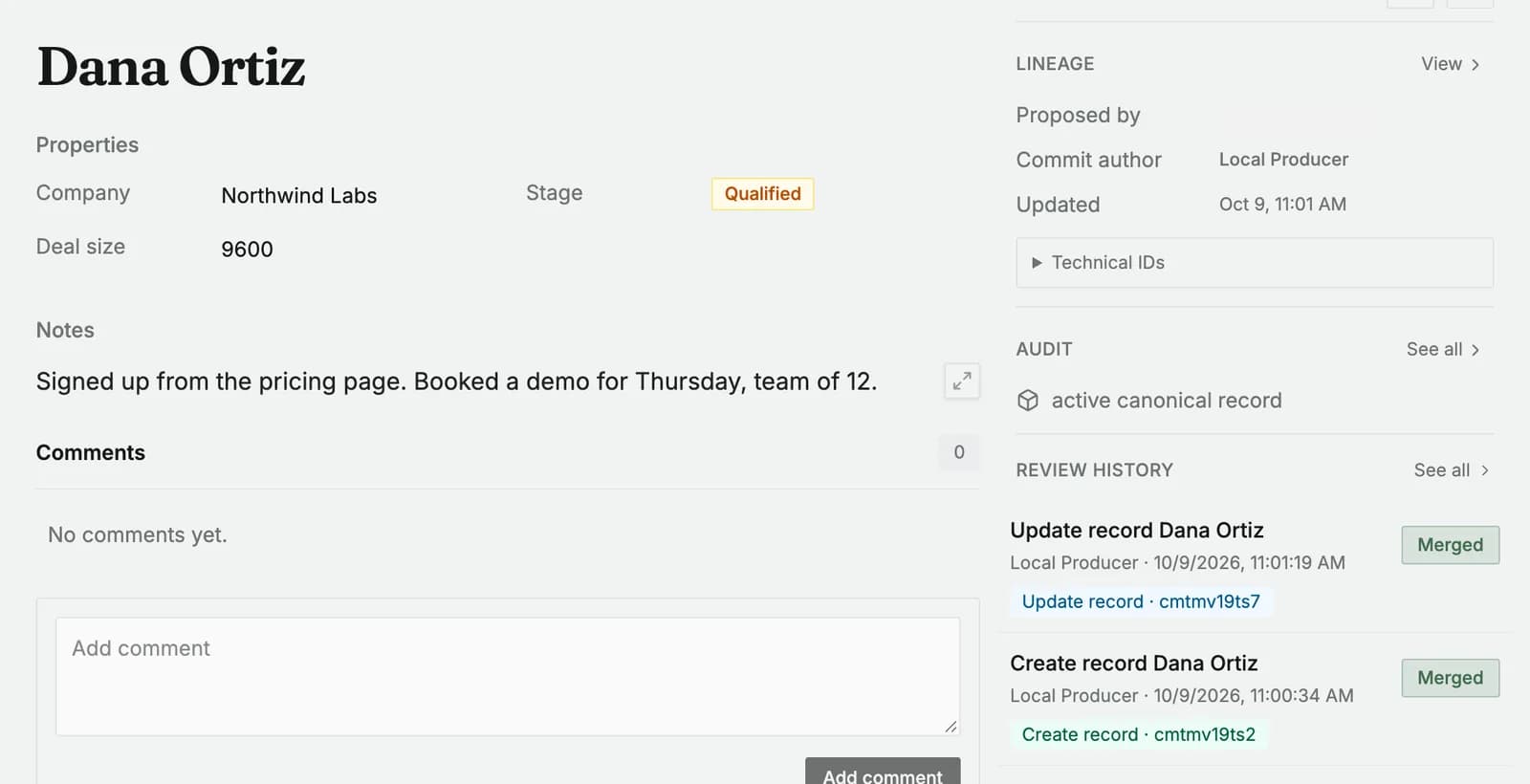 A Busabase record with its lineage, audit and review history panel