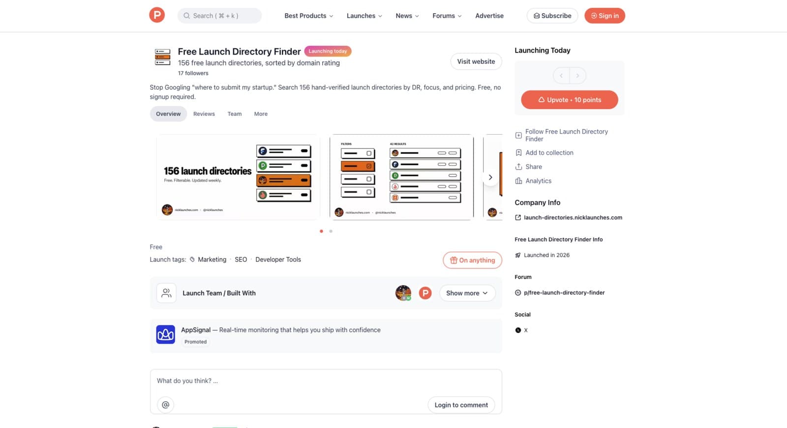 Product Hunt page for Free Launch Directory Finder showing title, tagline '156 free launch directories, sorted by domain rating', Launching today badge, 3 gallery images, and the upvote button at 10 points
