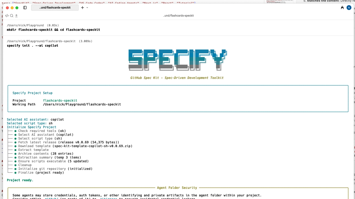 Terminal output showing successful SpecKit initialization with Codex integration