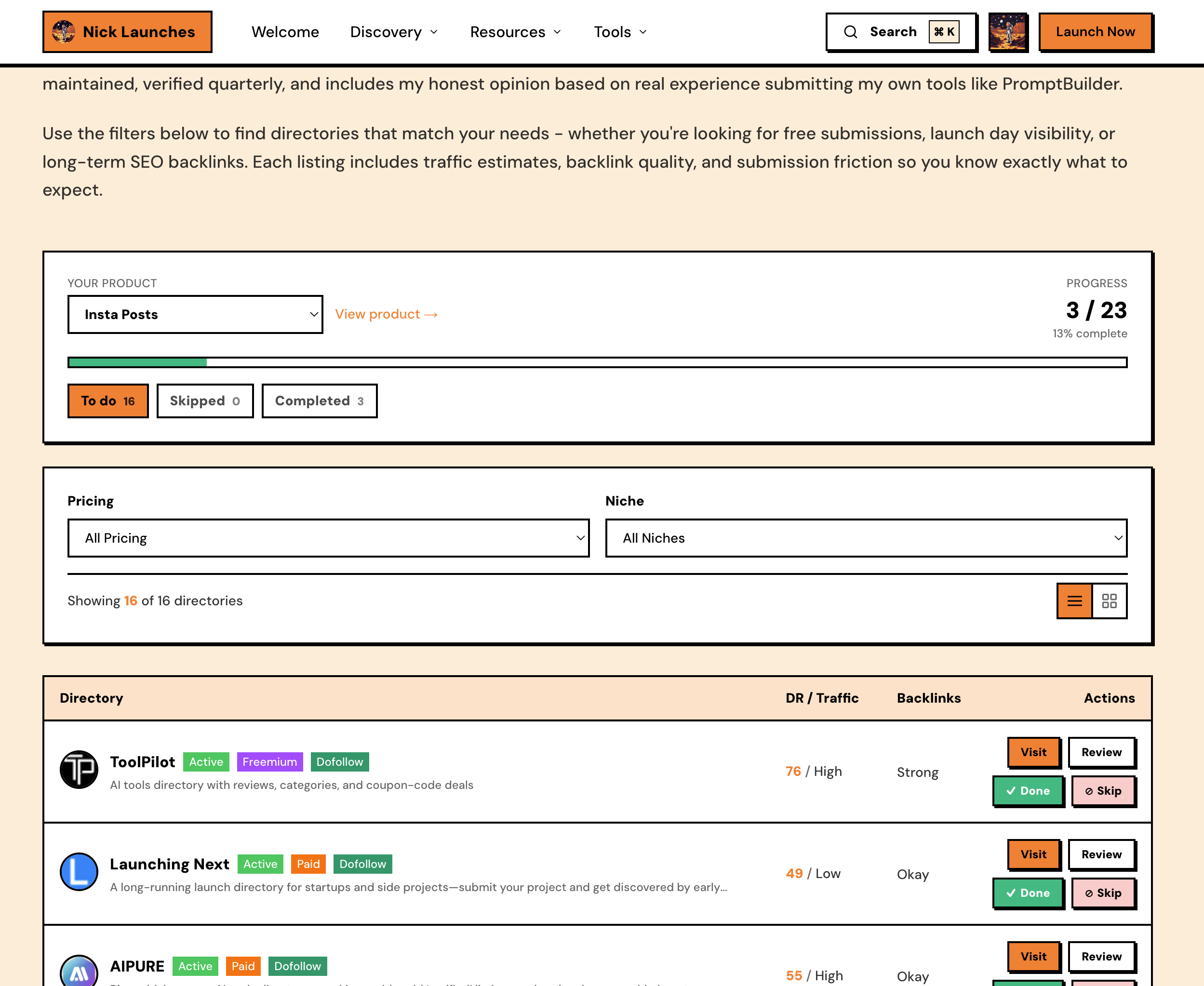 Directory submission tracker showing per directory status and DR scores