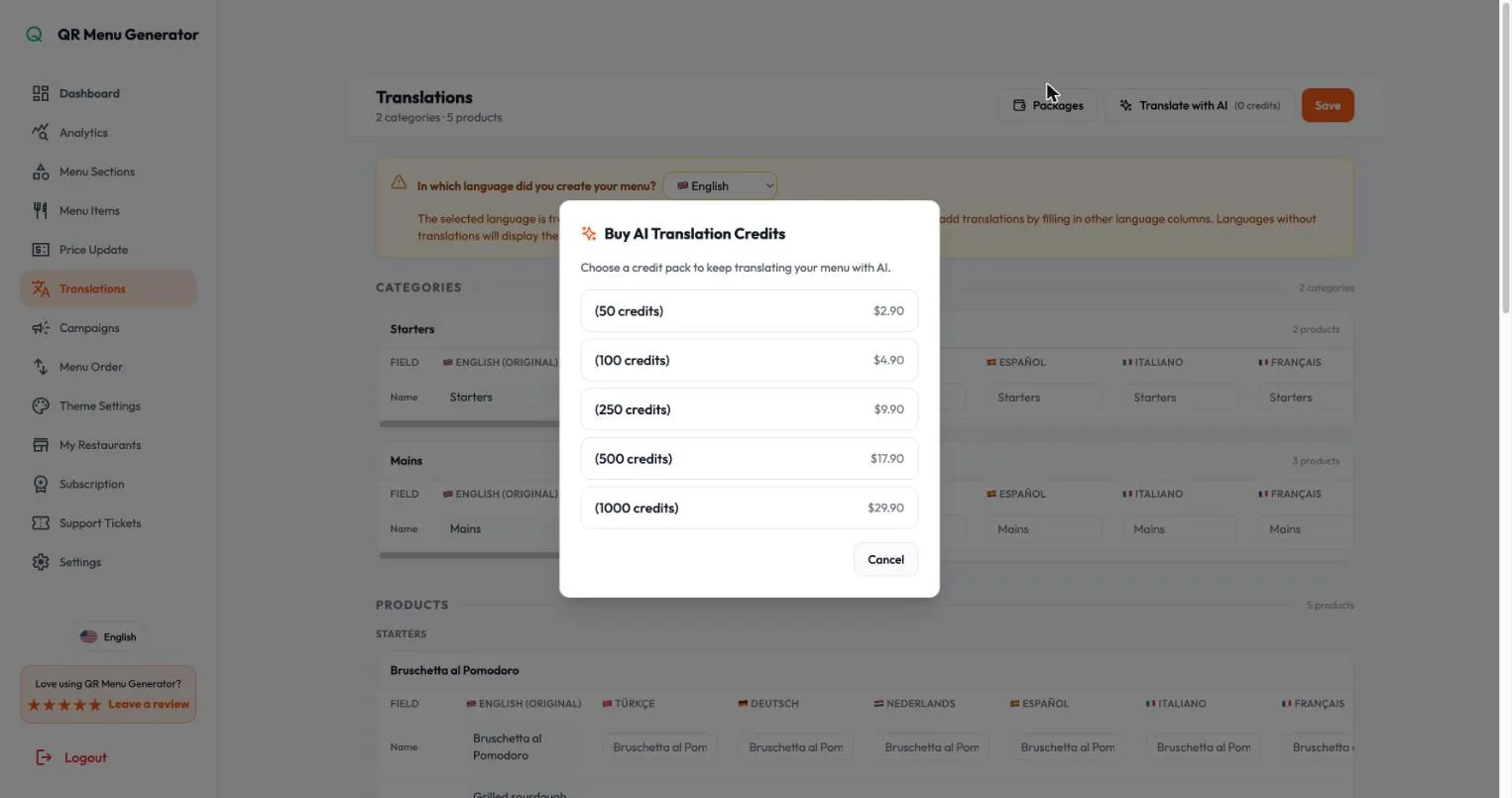 Buy AI Translation Credits modal offering five packs, 50 credits for $2.90, 100 for $4.90, 250 for $9.90, 500 for $17.90 and 1000 for $29.90
