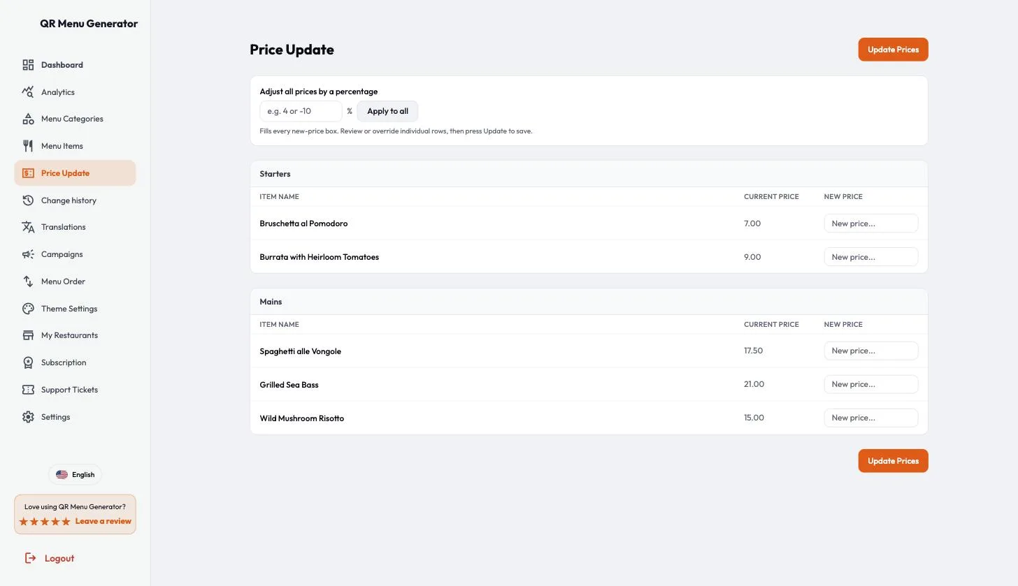 QR Menu Generator price update screen with an Adjust all prices by a percentage field and Apply to all button above Starters and Mains, each dish listed with its current price and an empty New price field