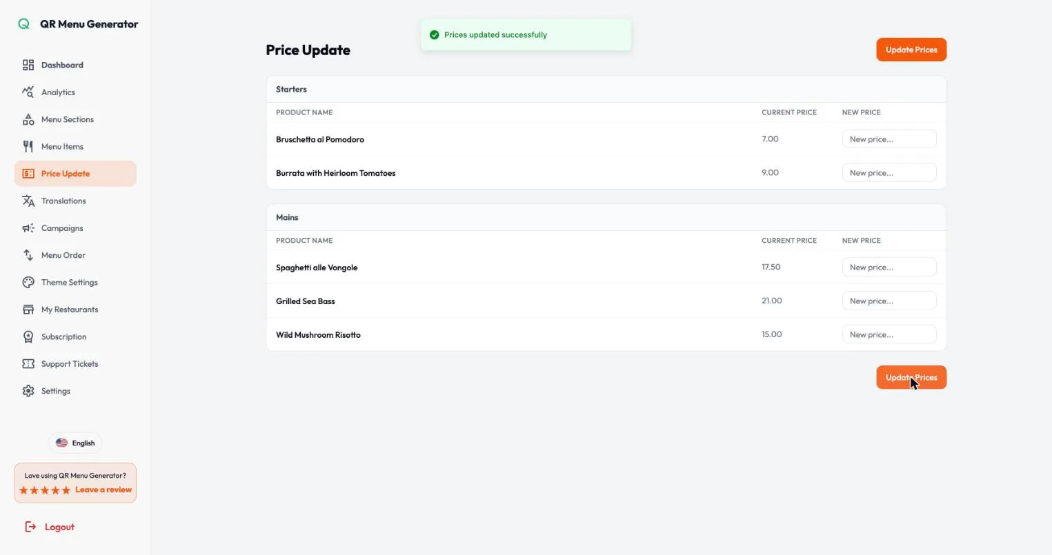 QR Menu Generator price update screen listing Starters and Mains with each dish, its current price and a New price field, after a successful update showing Bruschetta at 7.00 and Spaghetti alle Vongole at 17.50