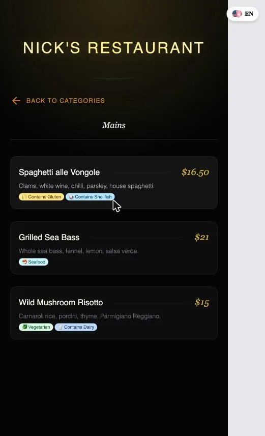 Guest-facing mobile menu on the Mains category showing Spaghetti alle Vongole with Contains Gluten and Contains Shellfish chips, Grilled Sea Bass with only a green Seafood chip, and Wild Mushroom Risotto with Vegetarian and Contains Dairy chips