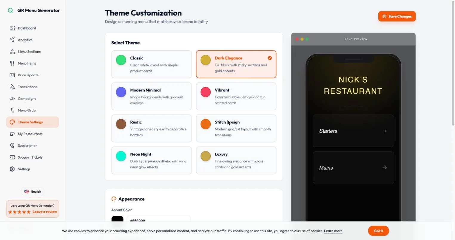 QR Menu Generator theme customization screen showing eight themes including Classic, Dark Elegance, Modern Minimal, Vibrant, Rustic, Stitch Design, Neon Night and Luxury, with a phone frame preview on the right rendering the actual test restaurant menu in the selected dark theme