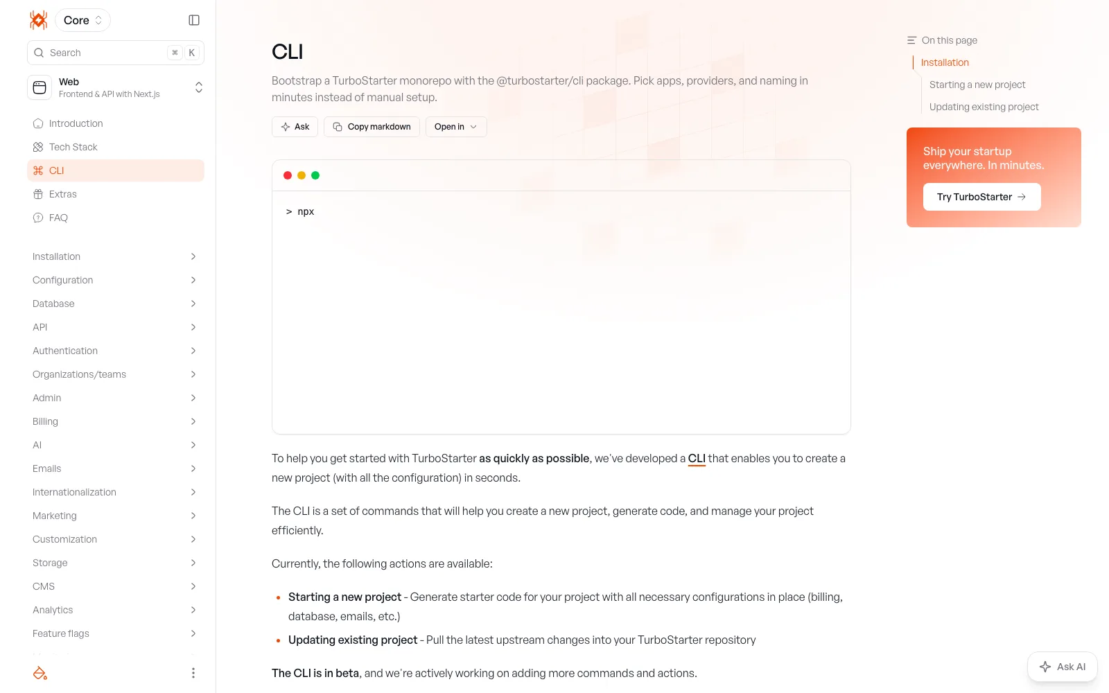 TurboStarter CLI documentation showing the init command that scaffolds a project with chosen apps and providers