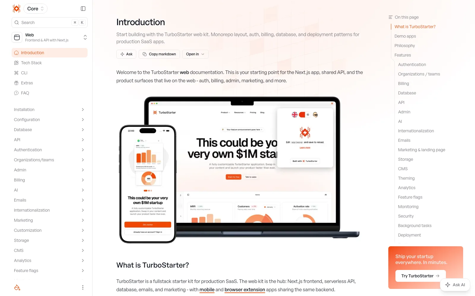 TurboStarter documentation with the installation overview and the sidebar tree covering web, mobile, and extension guides