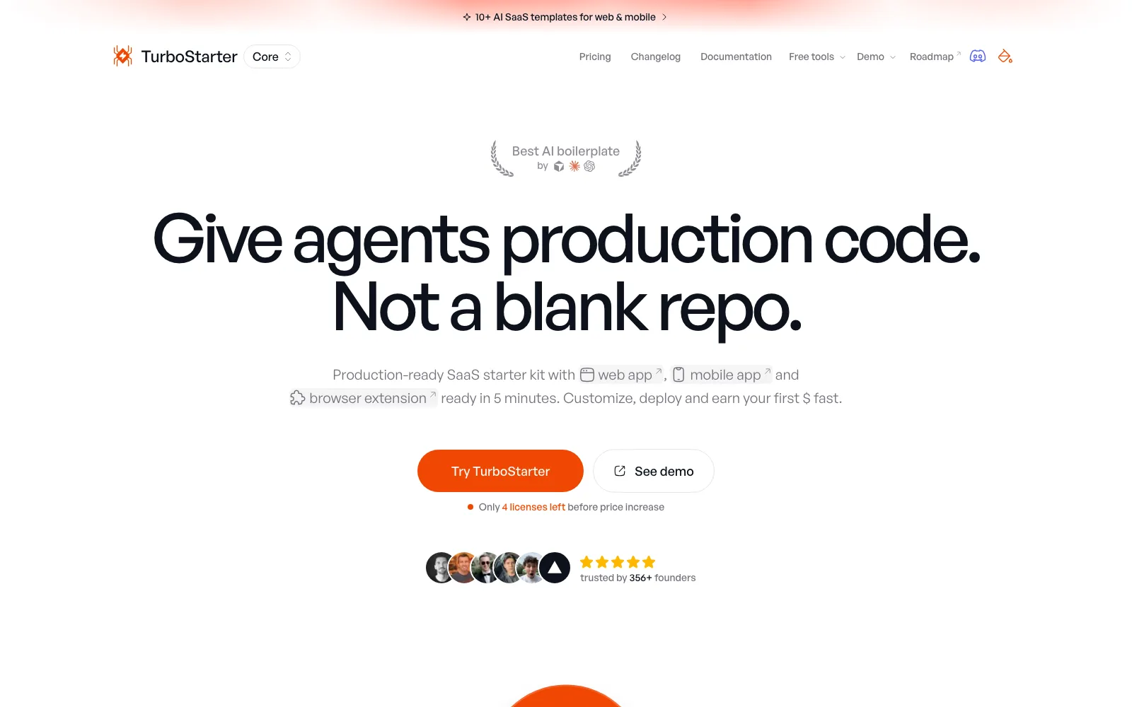 TurboStarter homepage hero with the pitch "Give agents production code. Not a blank repo." and the web, mobile, and browser extension platform badges