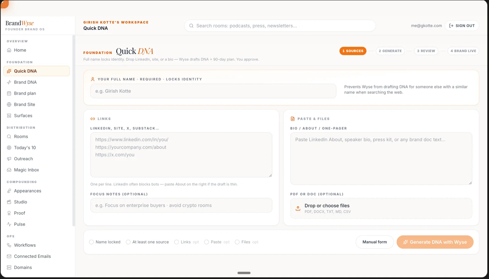 Wysera BrandWyse Quick DNA setup screen asking for a name and links to LinkedIn, a website, or X, with a paste area for a bio and a generate button