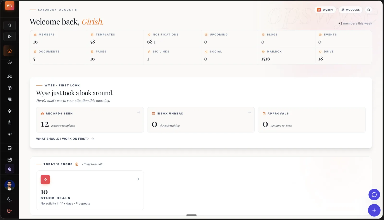 Wysera OpsWyse morning dashboard showing an approvals counter, unread inbox threads, and a stuck deals card