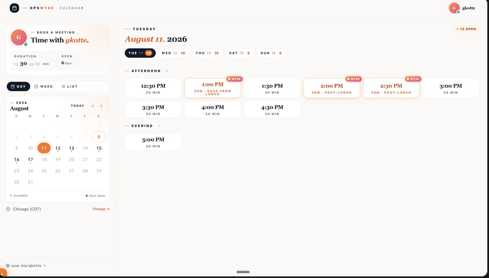 Wysera booking page showing available 30 minute slots with several marked as Wyse suggestions such as back from lunch and post-lunch