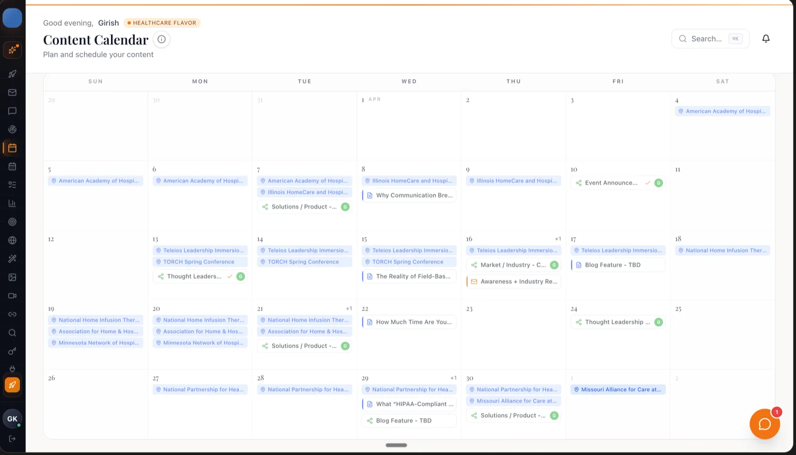 Wysera PostWyse content calendar for a healthcare workspace, showing scheduled blog features, thought leadership posts, and industry conferences across a month
